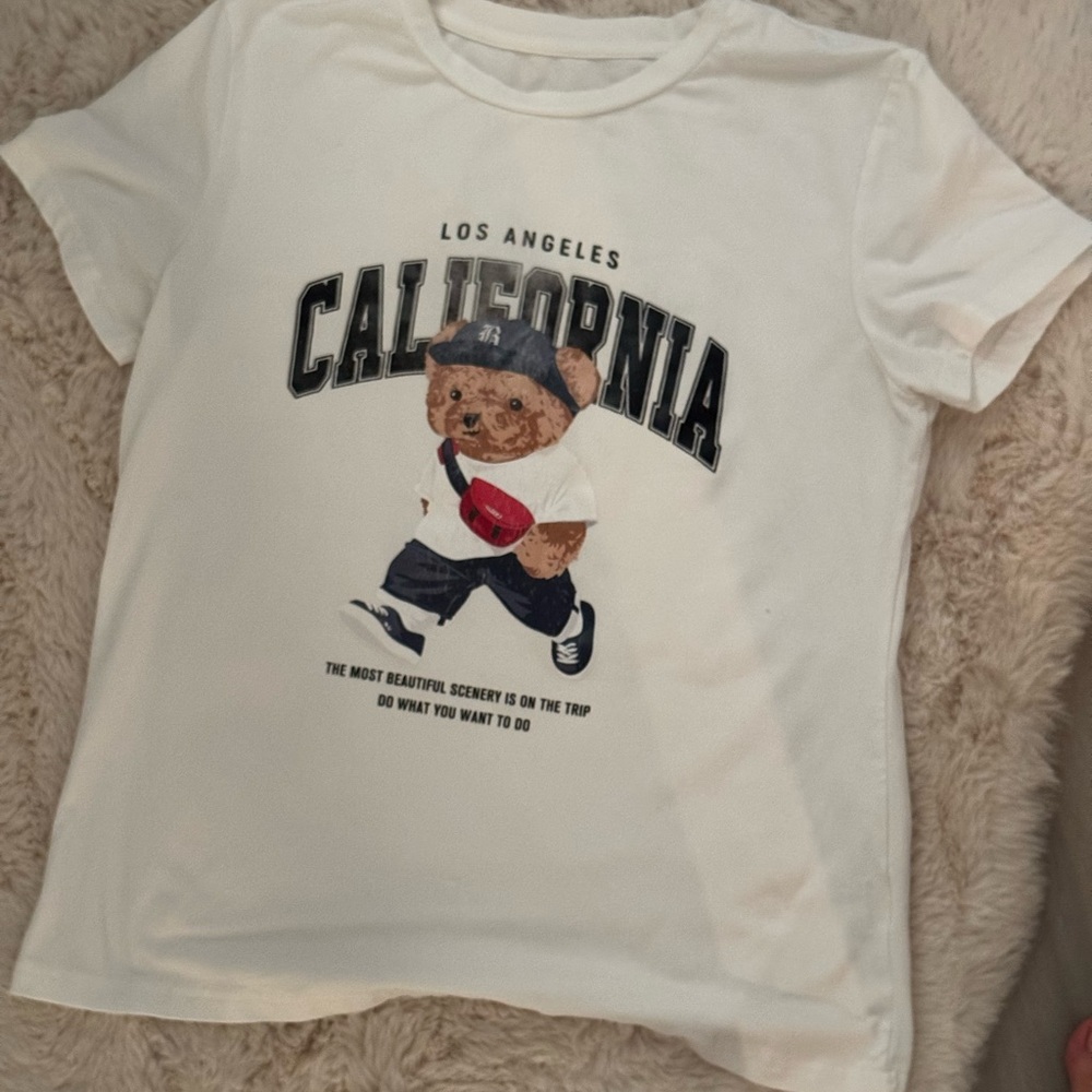 White Graphic Tee with Bear Print